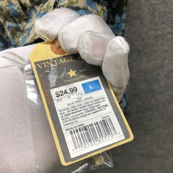 NWT Converse Chiffon Blouse Womens L Blue Floral V-Neck Short Sleeve Pintuck - Picture 8 of 10